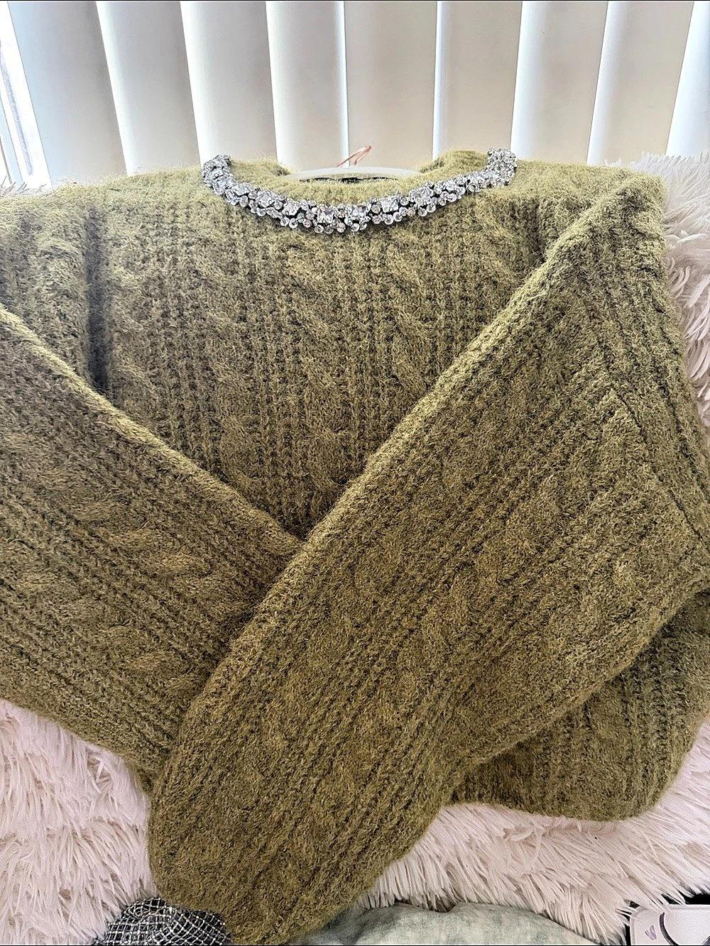 endless rose Jewel Embroidered Cashmere Cable Knit Sweater Green Small